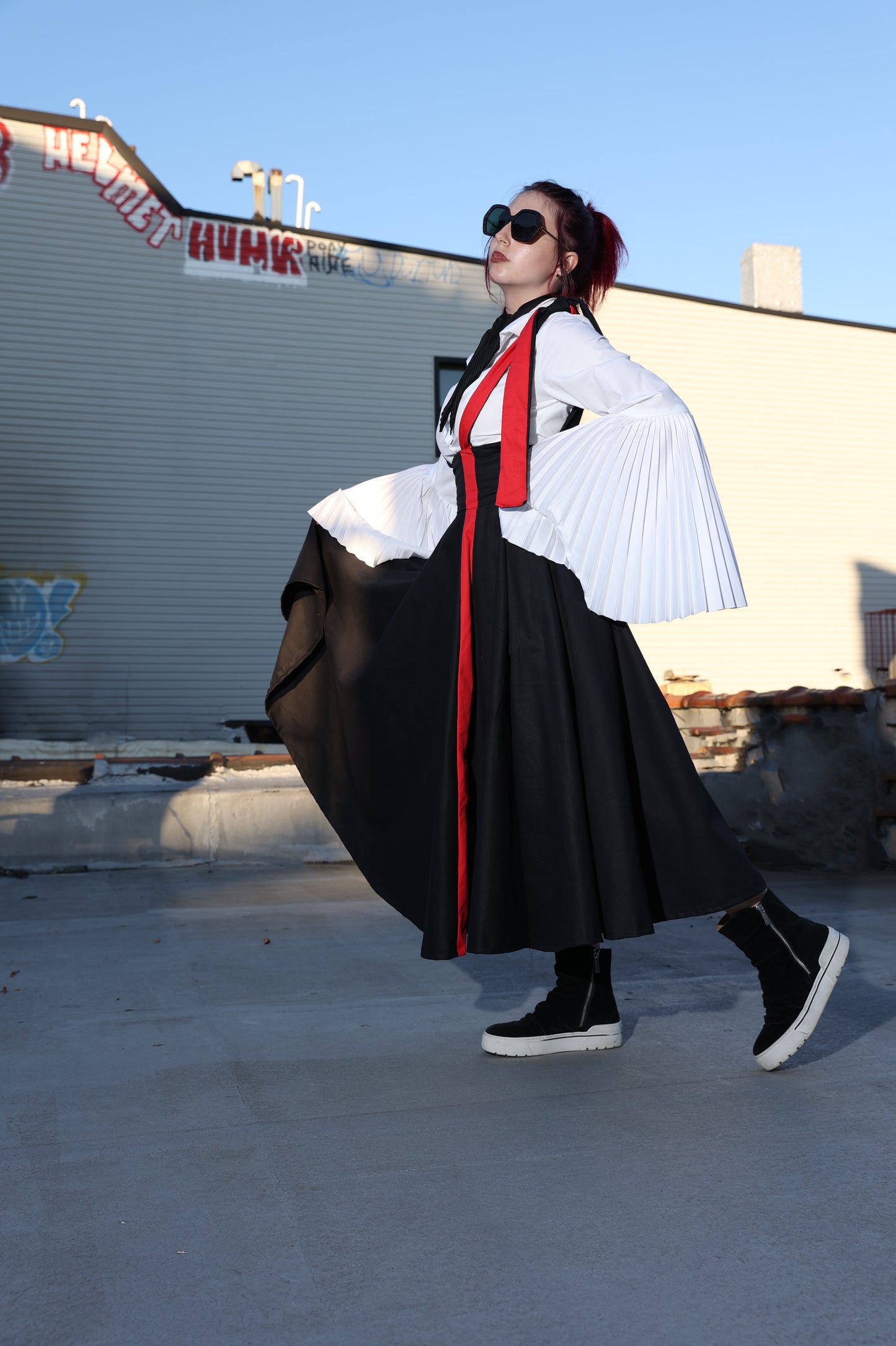 Circle Skirt with Shoulder Straps and Red Stripe