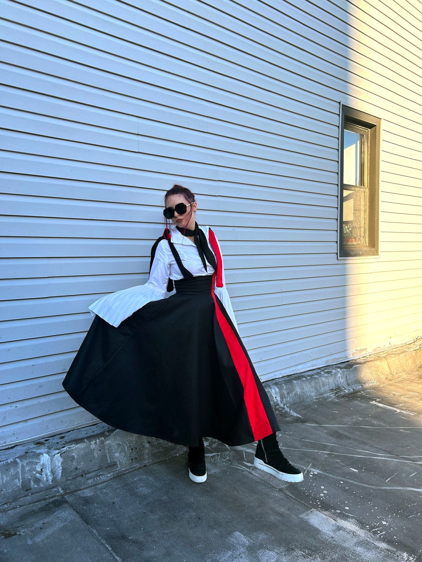 Circle Skirt with Shoulder Straps and Red Stripe