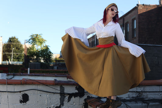 High-Waisted Beige Circle Skirt with Red Ruffle