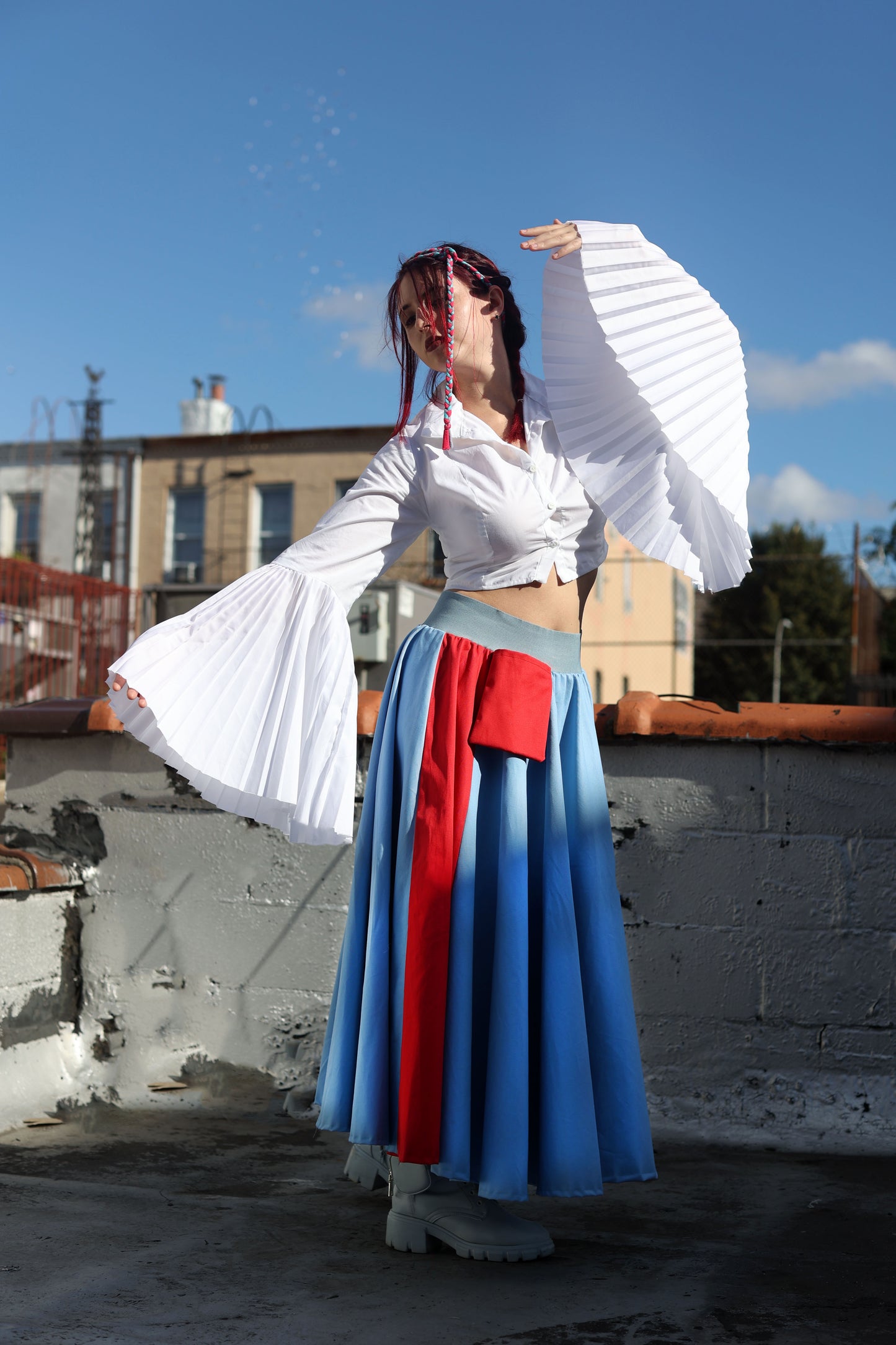 Blue Circle Skirt with Red Side Stripes and Pocket