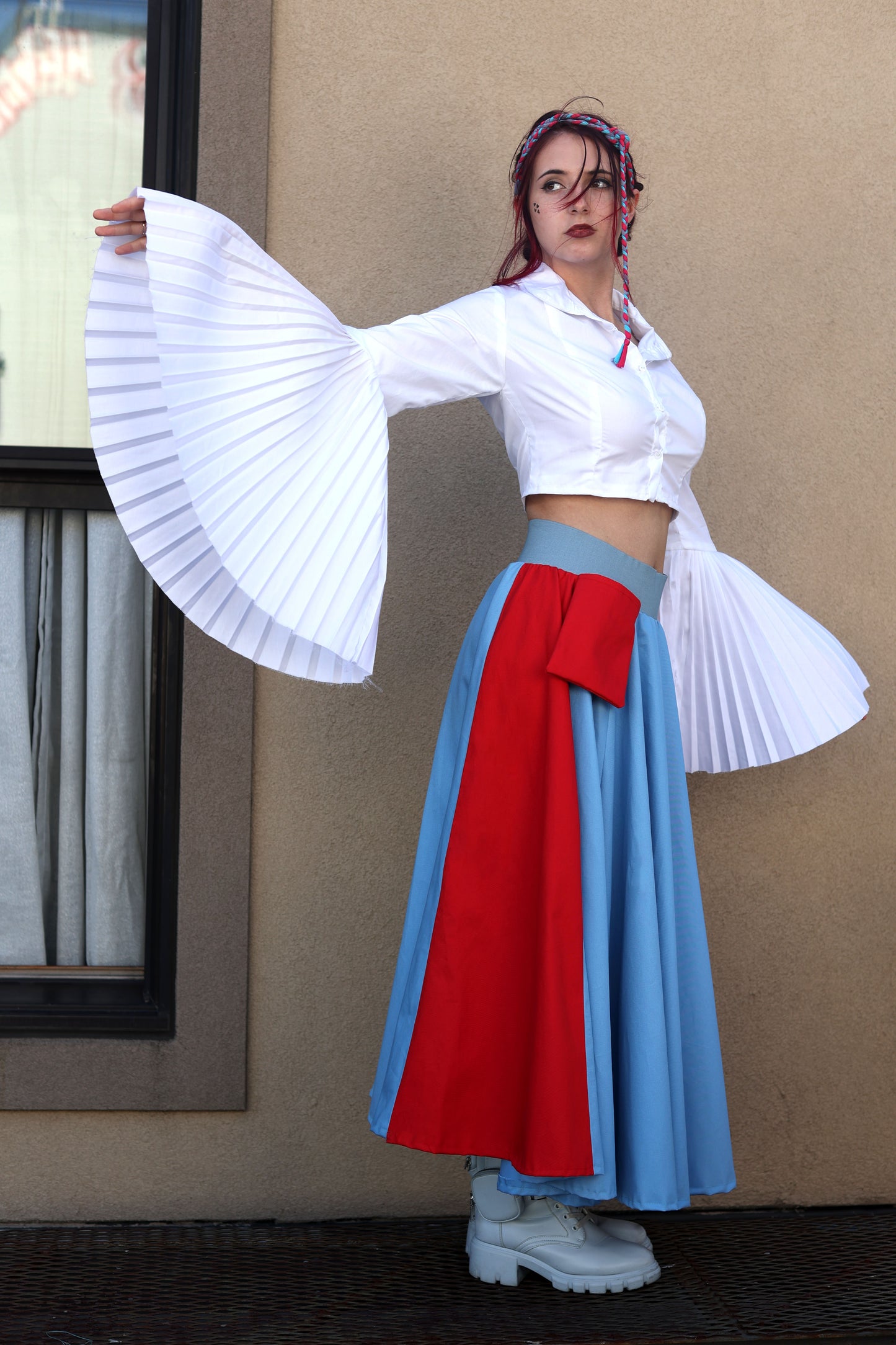 Blue Circle Skirt with Red Side Stripes and Pocket