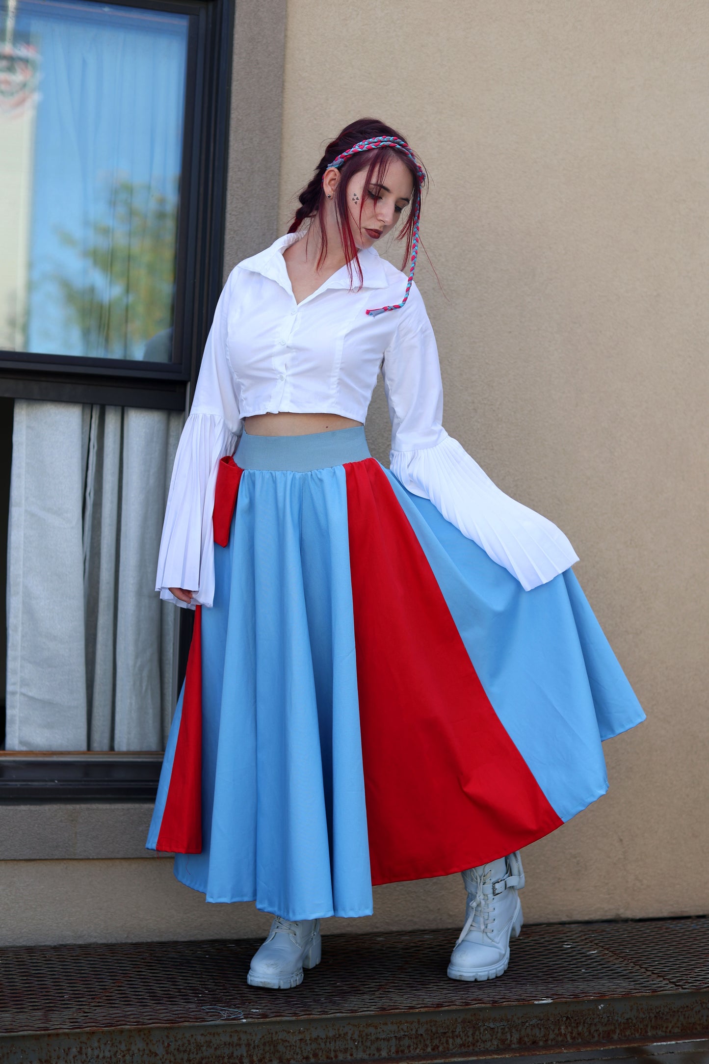 Blue Circle Skirt with Red Side Stripes and Pocket